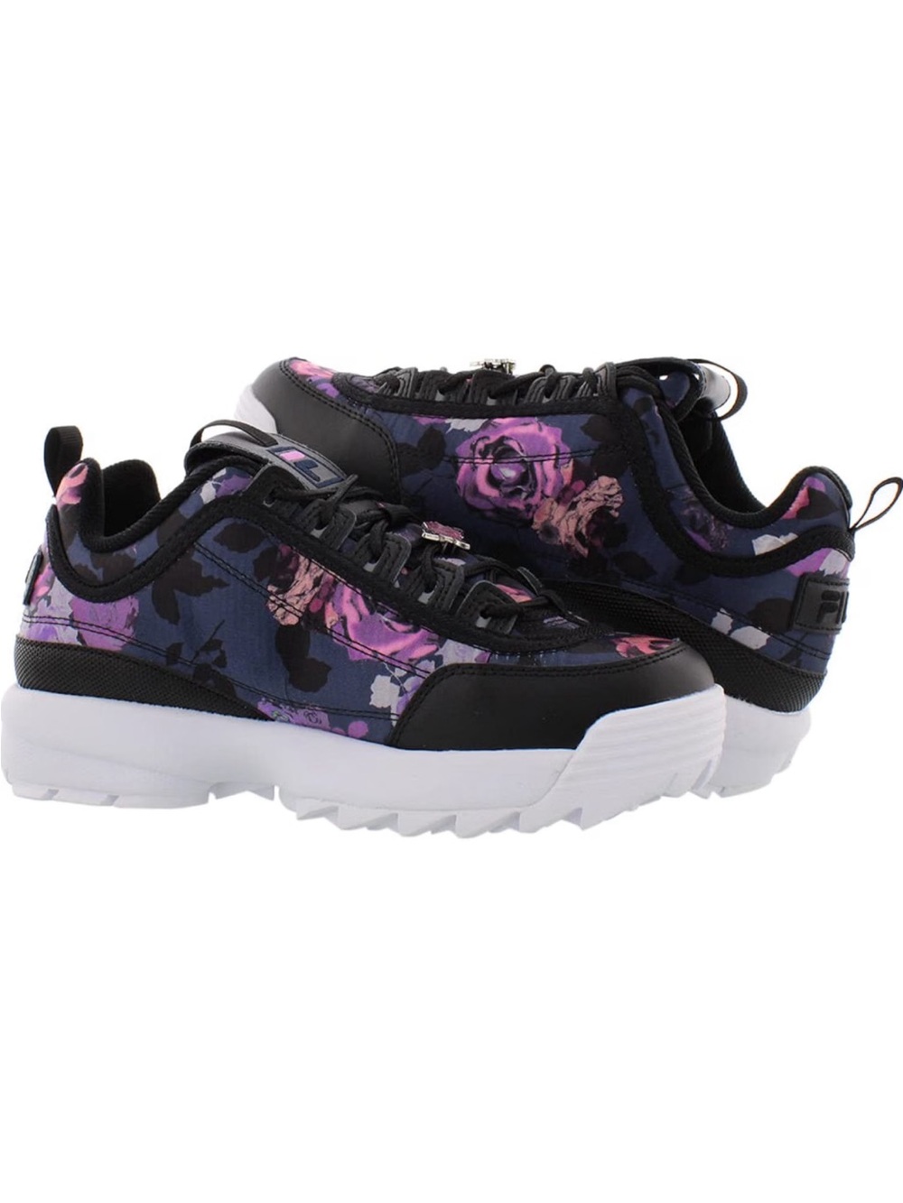 Fila Disruptor - Women’s Satin Floral Lace-Up Sneakers in Purple and Black